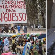 ”Kongo är inte Nguessos ägodel”, står det på demonstrantens plakat. Marknad, dagen före valet. Presidenten Denis Sassou Nguesso.