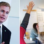 Utbildningsminister Gustav Fridolin (MP) och elever i ett klassrum.