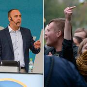Partiledaren Stefan Jacobsson och motdemonstranter.