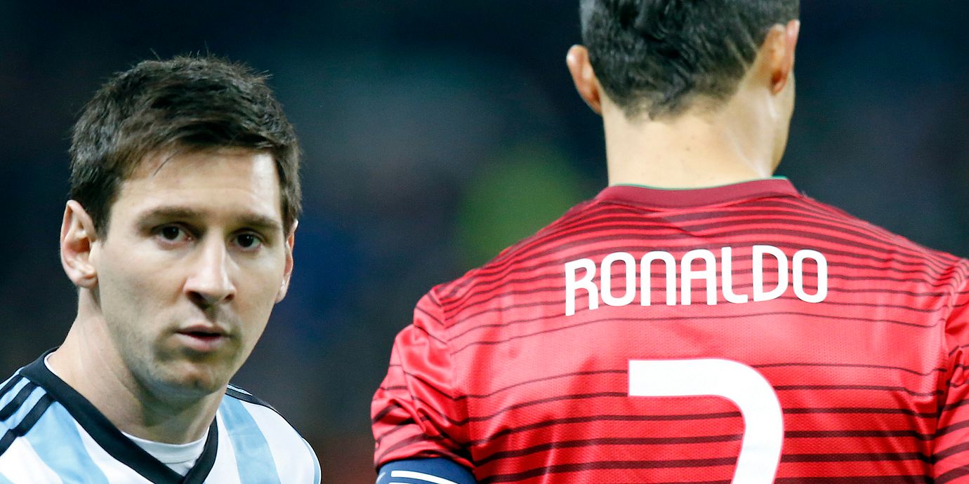 Lionel Messi och Cristiano Ronaldo inför en landskamp mellan Argentina och Portugal på Old Trafford i Manchester 2014.