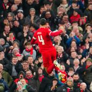 Liverpools Virgil van Dijk jublar efter ett mål mot Norwich i söndags.