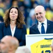 Andrea Möllerberg, tidigare generalsekreterare Svenska Fotbollförbundet, och Fredrik Reinfeldt, ordförande för Svenska Fotbollförbundet.