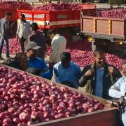 Jordbrukare väntar på att lökauktionen ska börja vid marknaden i Lasalgaon, i delstaten Maharashtra i västra Indien. 