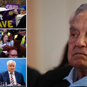 George Soros, till höger. Från högst upp till vänster: brexitdemonstranter, demonstranter i Paris, Tysklands förbundskansler Angela Merkel och inrikesminister Horst Speehofer. 