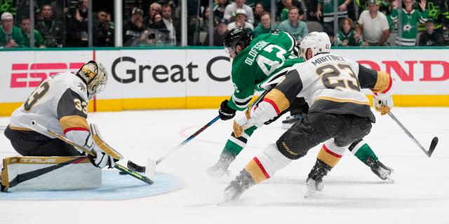 Svenske Fredrik Olofsson försöker hitta nätet bakom Vegas målvakt. Tony Gutierrez / AP