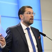 Jimmie Åkesson på pressträffen.