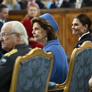 Kung Carl Gustaf, drottning Silvia och kronprinsessan Victoria under Te Deum i Slottskyrkan.