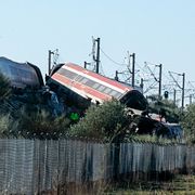 Olycksplatsen efter tågkollisionen i Urda i Spanien.
