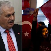  Binali Yildirim till vänster. Erdoganvänliga demonstranter utanför turkiska konsulatet i Rotterdam. 