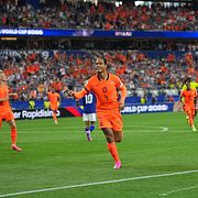 Virgil van Dijk firar sitt mål mot Japan. 
