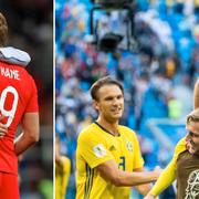 Glädje efter avancemangen: Till vänster: Englands förbundskapten Gareth Southgate och lagkapten Harry Kane, till höger Sveriges Albin Ekdal, Gustav Svensson och Emil Forsberg. 