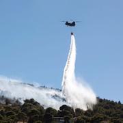 Ett brandflyg som dumpar vatten över en skogsbrand i Grekland på söndagen. 