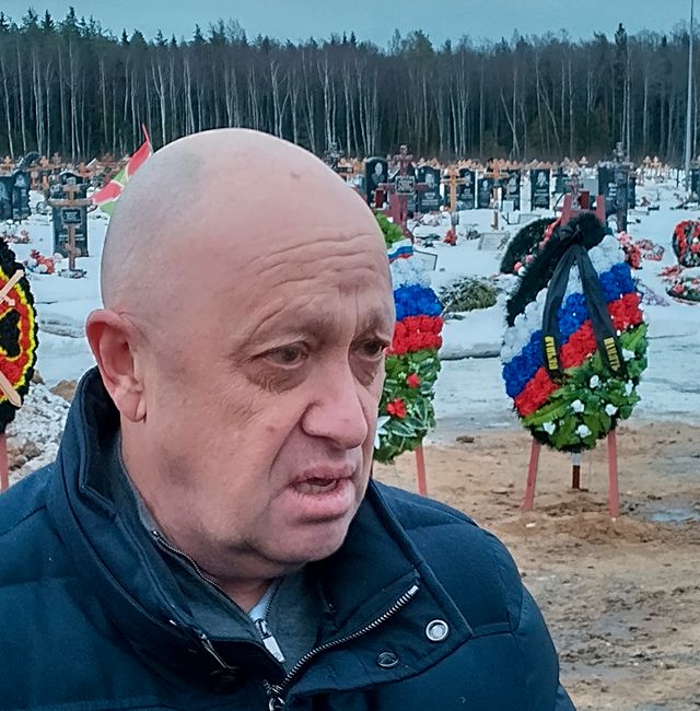  Wagner Group head Yevgeny Prigozhin attends the funeral of Dmitry Menshikov at the Beloostrovskoye cemetery outside St. Petersburg, Russia, Saturday, Dec. 24, 2022 AP