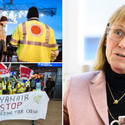 Från vänster högst upp: Strejk i Göteborgs hamn, Ryanair-piloter strejkar i Tyskland och Carina Gunnarsson, generaldirektör på MI. 