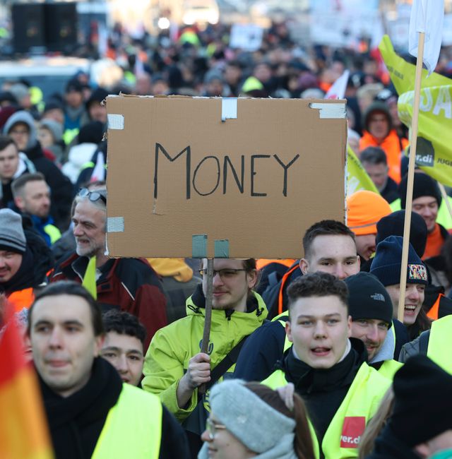  Public sector employees attend a demonstration for higher payment in Berlin Germany, Thursday, Feb. 9, 2023. Joerg Carstensen / AP