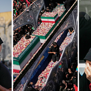 En pappa och en flicka under begravningen/Kistor körs genom Teheran/Kvinnor på väg till begravningen av tidigare ayatolla Ali Khamenei.