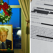 Julpyntat i Vita huset och en bild på ett maskat Epsteindokument.