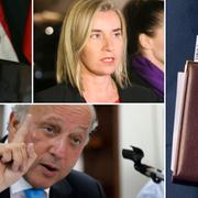 Rysslands utrikesminister Sergej Lavrov, EU:s utrikesminister Federica Mogherini och Frankrikes utrikesminister Laurent Fabius.