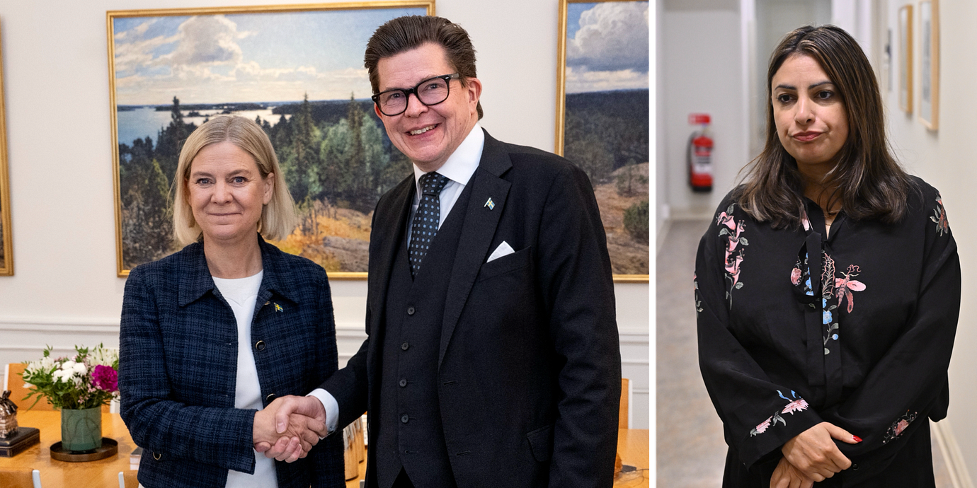 Riksdagens talman Andreas Norlén och Magdalena Andersson (S) till vänster. Vänsterpartiets partiledare Nooshi Dadgostar till höger.