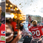 Joel Lundqvist firar guldet i Göteborg.