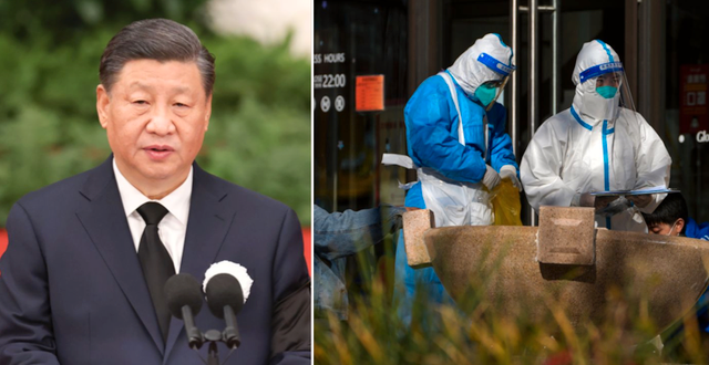 Kinas president Xi Jinping och hälsoarbetare i skyddsutrustning.  AP