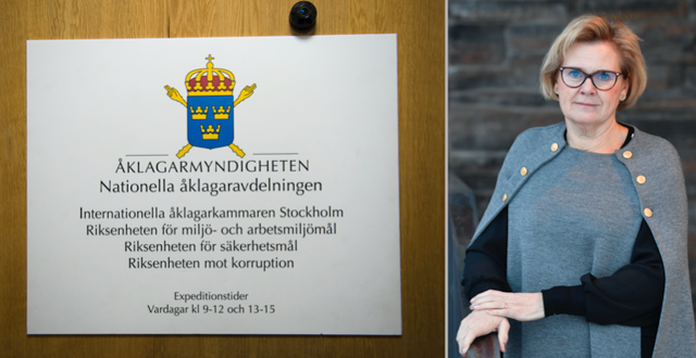 Åklagarmyndighetens skylt och Petra Lundh.  TT
