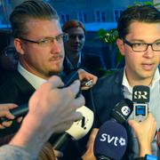 Jimmie Åkesson talar med pressen dagen efter incidenten.