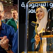 Applechefen Tim Cook. Saudi Aramco-medarbetaren Sukaynah Al Oqaili ringde i börsklockan i Riyad vid noteringen på Tadawul den 11 december förra året.