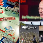 Monopolspel, Amazonbutik, e-handelsjättens grundare Jeff Bezos. Arkivbilder.