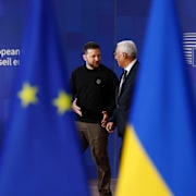 Ukrainas president Volodymyr Zelenskyj och EU:s rådsordförande António Costa.