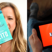 Malin Persson Giolito med sin bok och en bild på någon som ser på Netflix på sin platta.