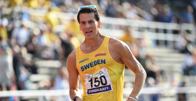 Perseus Karlström, Sverige, vann 10 000 meter gång på 38:03, den sjätte snabbaste tiden genom tiderna, under Finnkampen 2019 på Stockholm Stadion. Henrik Montgomery/TT / TT NYHETSBYRÅN