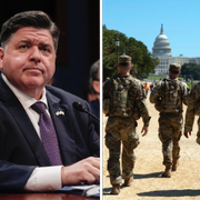 Arkivbilder på JB Pritzker, nationalgardet i Washington DC och Donald Trump.