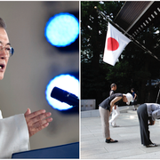 Sydkoreas president Moon Jae-in. Japaner som ber vid kontroversiella templet Yasukuni shrine. 