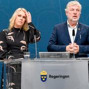 Lena Hallengren och Peter Eriksson på dagens pressträff.