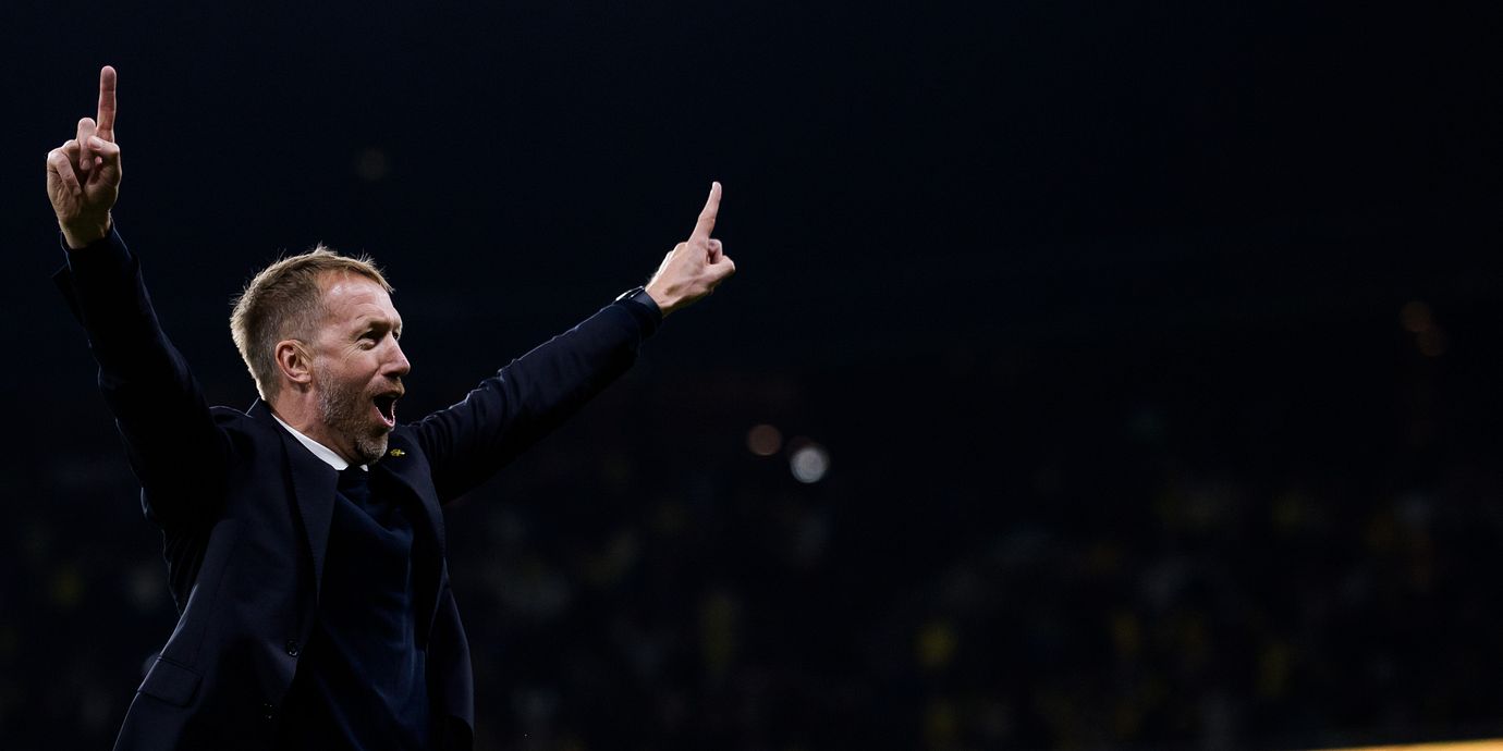 Graham Potter firar under matchen mot Polen 28 september.