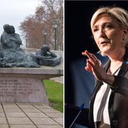 Arkivbilder på ett monument till minne av Vélodrome d'Hiver-räden intill en bild på Le Pen.