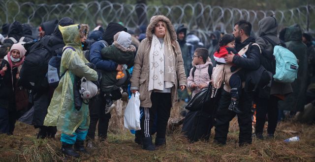 Migranter vid gränsen mot Polen. Leonid Shcheglov / TT NYHETSBYRÅN