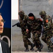 Jens Stoltenberg på måndagen. Arkivbild: Montenegrinska soldater i övning med amerikaner.