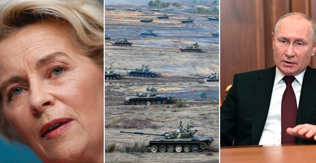 EU-kommissionens ordförande Ursula von der Leyen, ryska stridsvagnar och Vladimir Putin TT