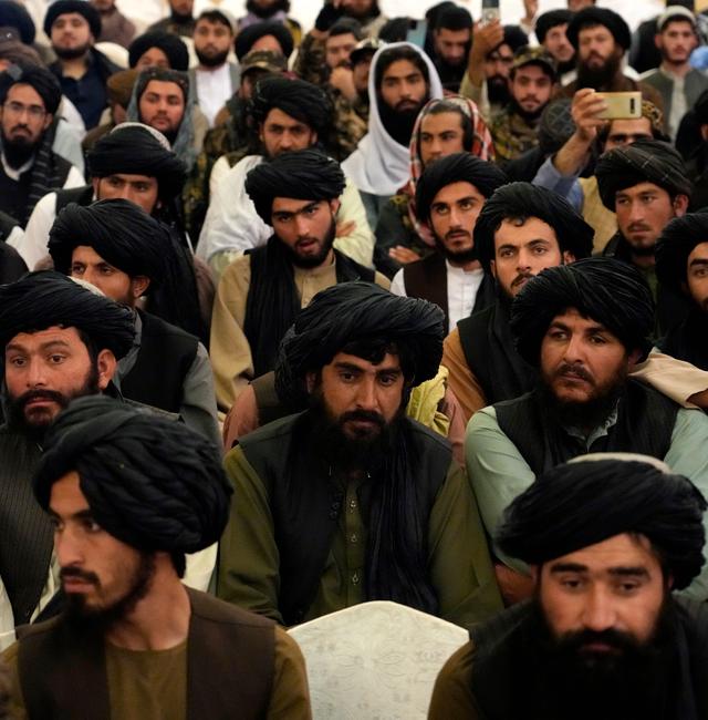 Taliban fighters and supporters attend a release ceremony for Bashir Noorzai, a senior Taliban detainee held at an American prison, at the Intercontinental Hotel, in Kabul, Afghanistan, Monday, Sept. 19, 2022. Ebrahim Noroozi / AP