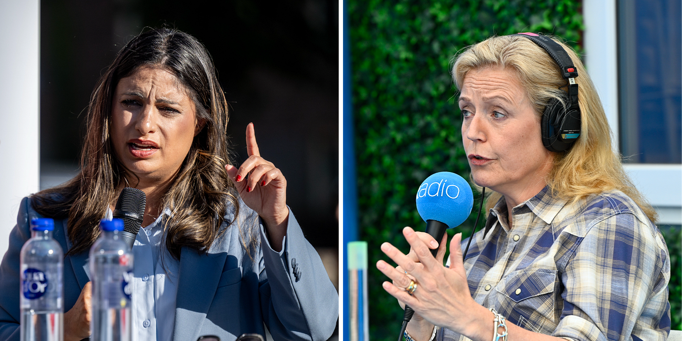 Till vänster: Vänsterpartiets partiledare Nooshi Dadgostar under en debatt i Malmö på onsdagen. Till höger: Centerpartiets partiledare Elisabeth Thand Ringqvist under en intervju på Almedalsveckan i år.