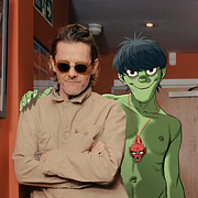 Jamie Hewlett och Damon Albarn tillsammans med de ”virtuella” medlemmarna i bandet Gorillaz.