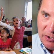 Bild från flyktinglägret Zaatari i Jordanien (t v), Löfven (t h)