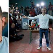 Volodymyr Zelenskyj och Svyatoslav Vakarchuk i samband med dagens parlamentsval.