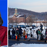 Hillary Clinton. Medieuppbådet i Chappaqua, delstaten New York, där förhöret hålls.