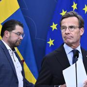 Sverigedemokraternas partiledare Jimmie Åkesson (SD) och Ulf Kristersson (M), statsminister, under en pressträff. Arkivbild.