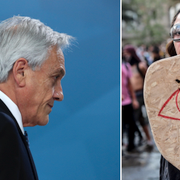 Sebastián Piñera (t v), demonstrant med protestskylt som kräver presidentens avgång (t h). 