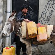 En man lastar vattendunkar på en åsna efter ett besök vid en brunn i Kabul.