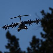 A transport aircraft arrives at the U.K.'s RAF Akrotiri air base near Limassol, Cyprus, Thursday, March 5, 2026. (AP Photo/Petros Karadjias)  XPK107